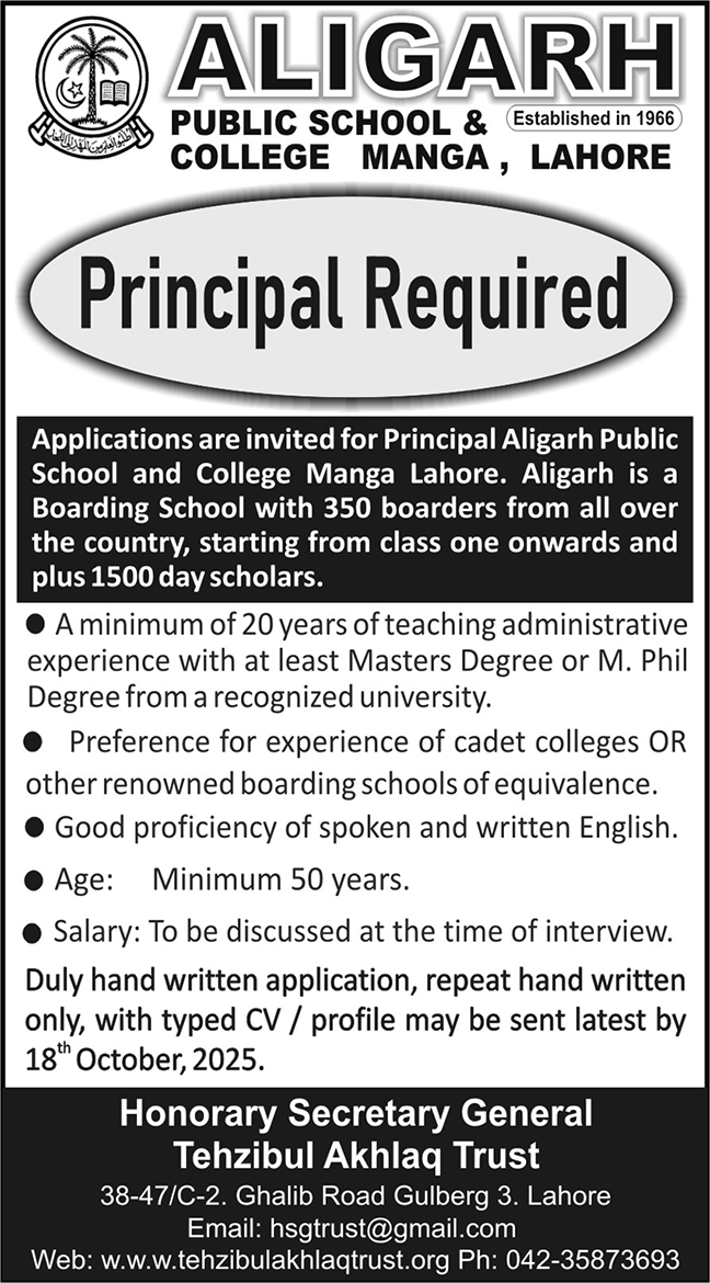 Aligarh Public School & College Lahore Jobs